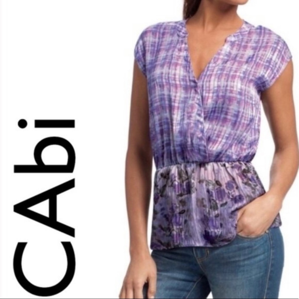 Cabi 731 Eva Peplum Top V-neck Plaid Purple Gray Geometric Sleeveless